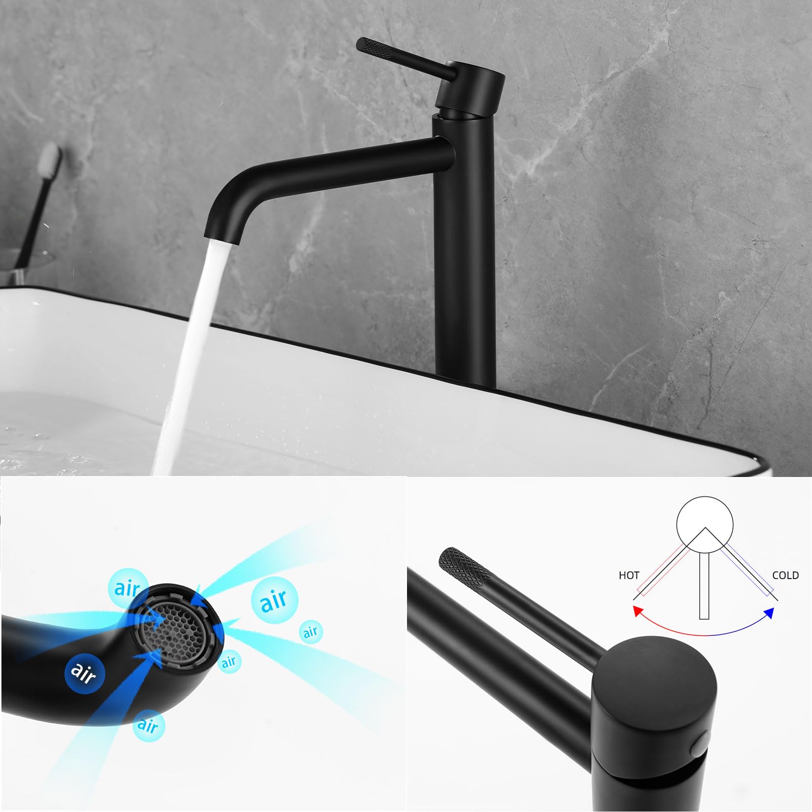 PHASAT Grifo para Lavabo de Baño Negro Alto, Grifo Monomando Lavabo de 304 Acero Inoxidable, Grifo Mezclador de Lavabo PTMP22B