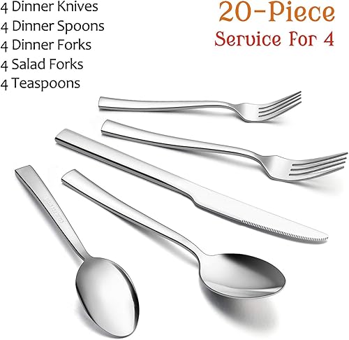 Miniatura 2 de E-far - Juego de cubiertos de acero inoxidable de 20 piezas, servicio para 4, moderno juego de cubiertos incluye tenedores, cucharas, cuchillos,