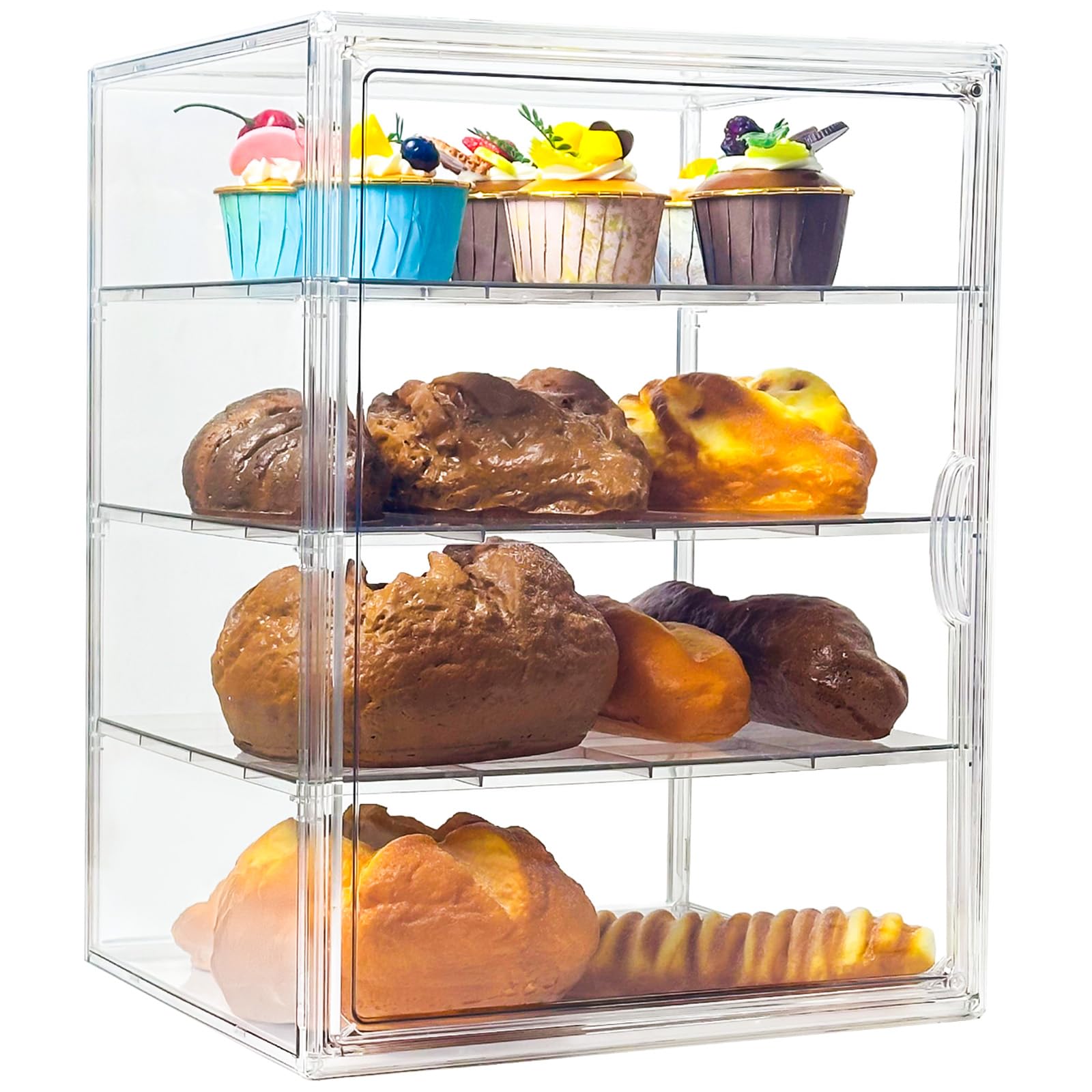 Gebäckvitrine, 4-lagig, verstellbar, Brotbox für Küchenarbeitsplatte, großer transparenter Brotbehälter mit magnetischer Tür, Gebäck, Bäckerei, Vitrine, 39,6 x 29,2 x 25,1 cm
