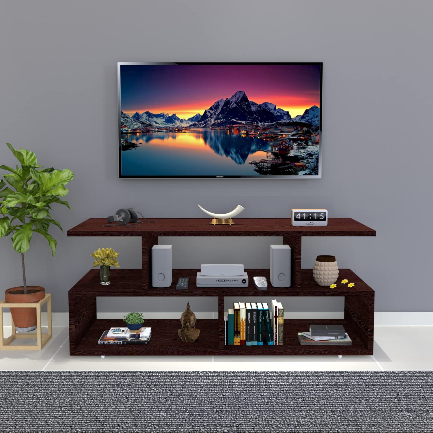 Furnifry Wooden Jeep TV Unit with 6 Open Shelves for Home/Living Room Bedroom/Free Standing Modern TV Entertainment Stand Base Perfect for Cable Box (95.4x95.4x39.4 cm, Wenge)