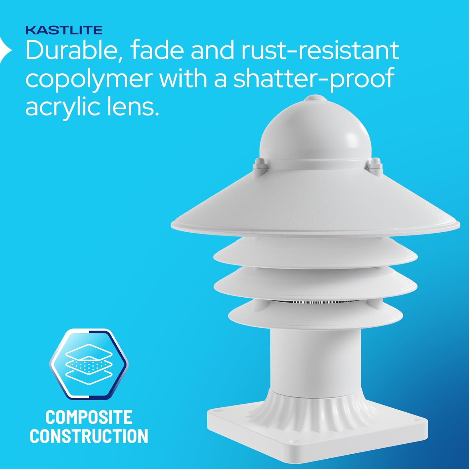 KASTLITE Nautical Pier Mount Outdoor Lighting Fixture - Rust & Waterproof Non-Metallic Coastal Lantern - Fits 3" Poles - UL Listed Patio Fence Porch Deck & Dock Light - USA Made, Short, Matte White