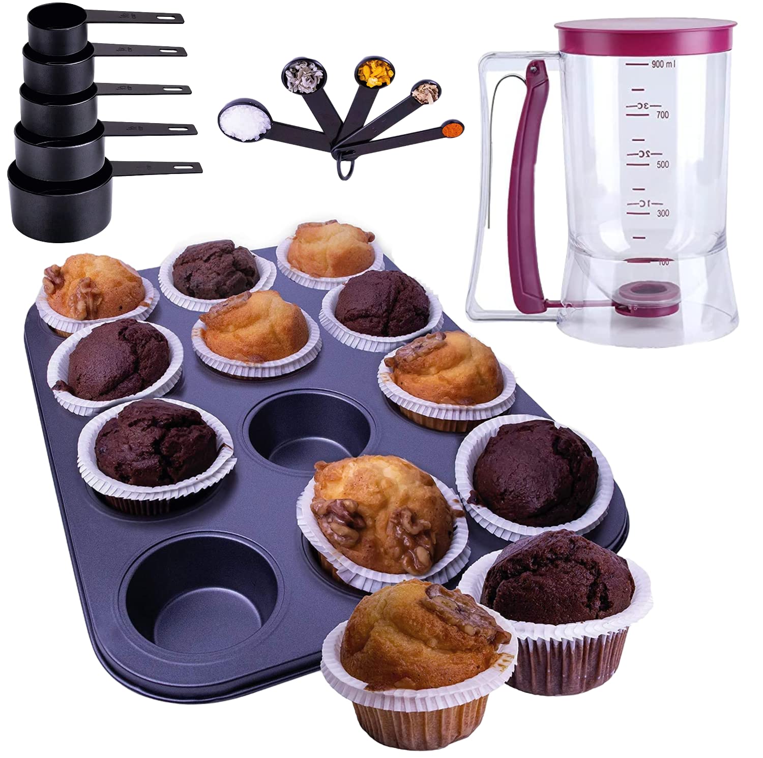 Set of 4 Kitchen Baking Tools Set - 12 Cavity Non-Stick Muffin Tray, Batter Dispenser, Measuring Cups and Spoons Set - Kitchen Utensils Kit for Measuring Baking and Dispensing