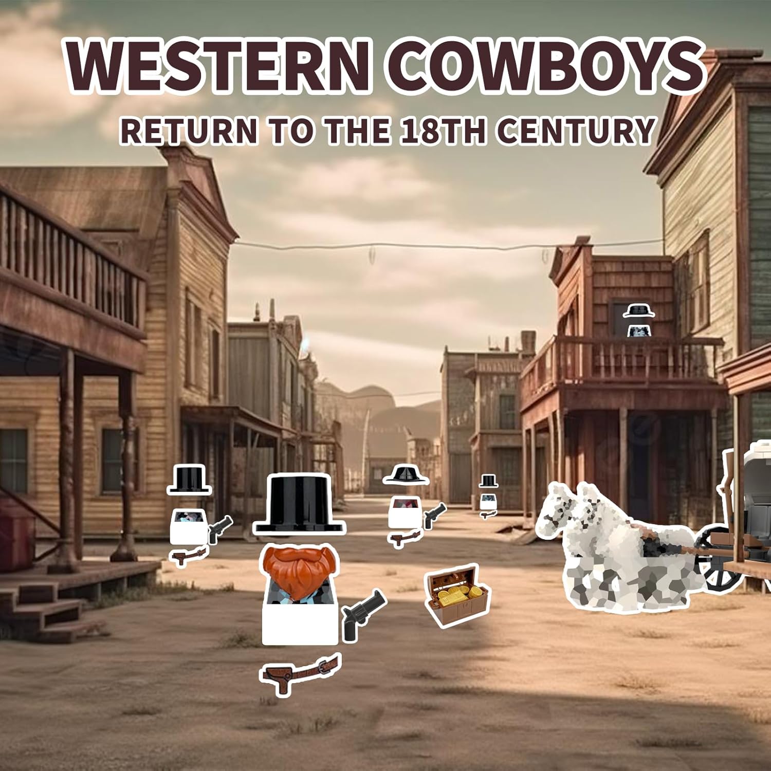 Western Cowboy Building Block Set, Compatible with Lego 77012 Set, 12 Cow Boy Figures & Gun Accessories, Dark Wild West Horse, White Carriage with Golden Bars & Coins, Gold Robbery