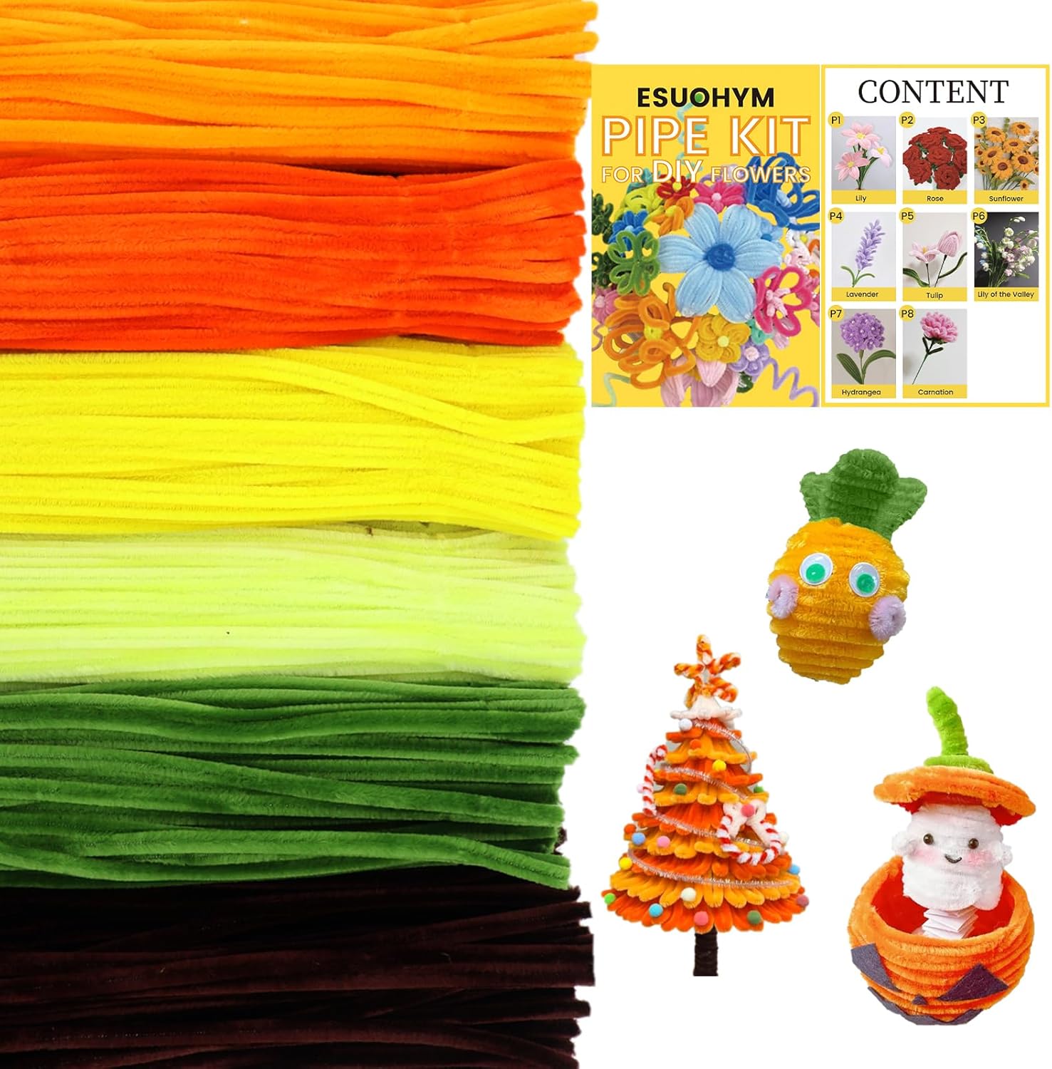 ESUOHYM 600 PCS Yellow Pipe Cleaners Craft Bulk with Instructions Chenille Stems Craft Supplies Thick Craft Sticks Fluffy Fuzzy Wire, Flower Bouquet Kit for Christmas Decoration for Kids and Adults
