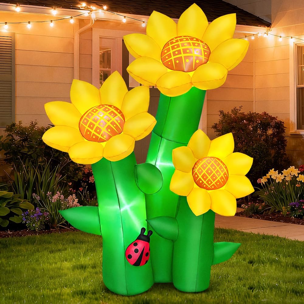 KOOY 6FT Spring Easter Inflatable Sunflowers Outdoor Decoration, Inflatable Sunflowers Blow Up Yard Decor Built-in LED Lights for Spring Summer Easter Yard Garden Lawn Party - Image 6