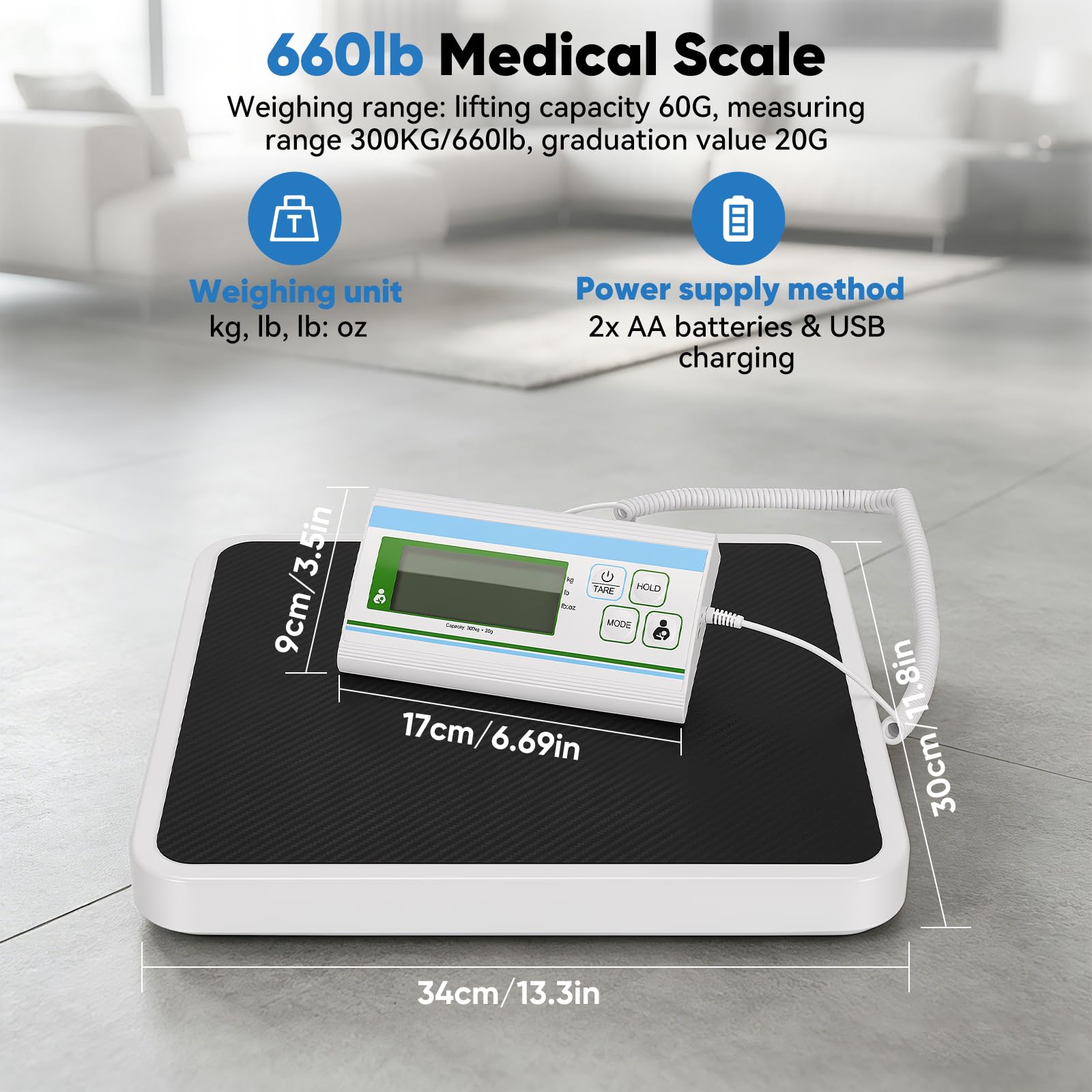 Bilancia pesapersone digitale, 300 kg, con misurazione ad alta precisione, ideale per ufficio, palestra e casa, bilancia medica per carichi pesanti, con display facile da leggere e supporto da parete