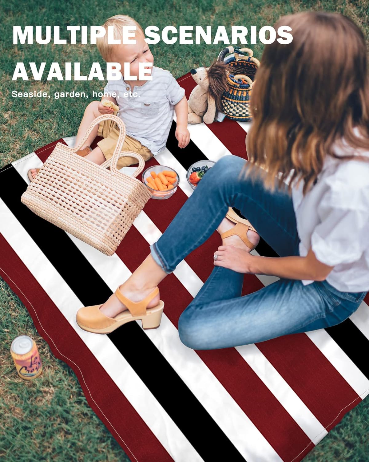 Vintage Burgundy Red Black White Stripes Beach Blanket Waterproof Sandproof Outdoor Picnic Mat 83"x79" Minimalist Line Lightweight Large Beaach Blankets with 4 Stake & 4 Corner Pockets