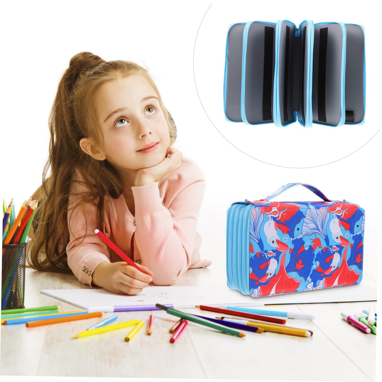 Astuccio Portapenne Multistrato Manico, Grande Capacità 300 Fori, Organizzatore Portatile per Cancelleria e Matite da Disegno, Astuccio per Penna Cerniera per Uso Scolastico e