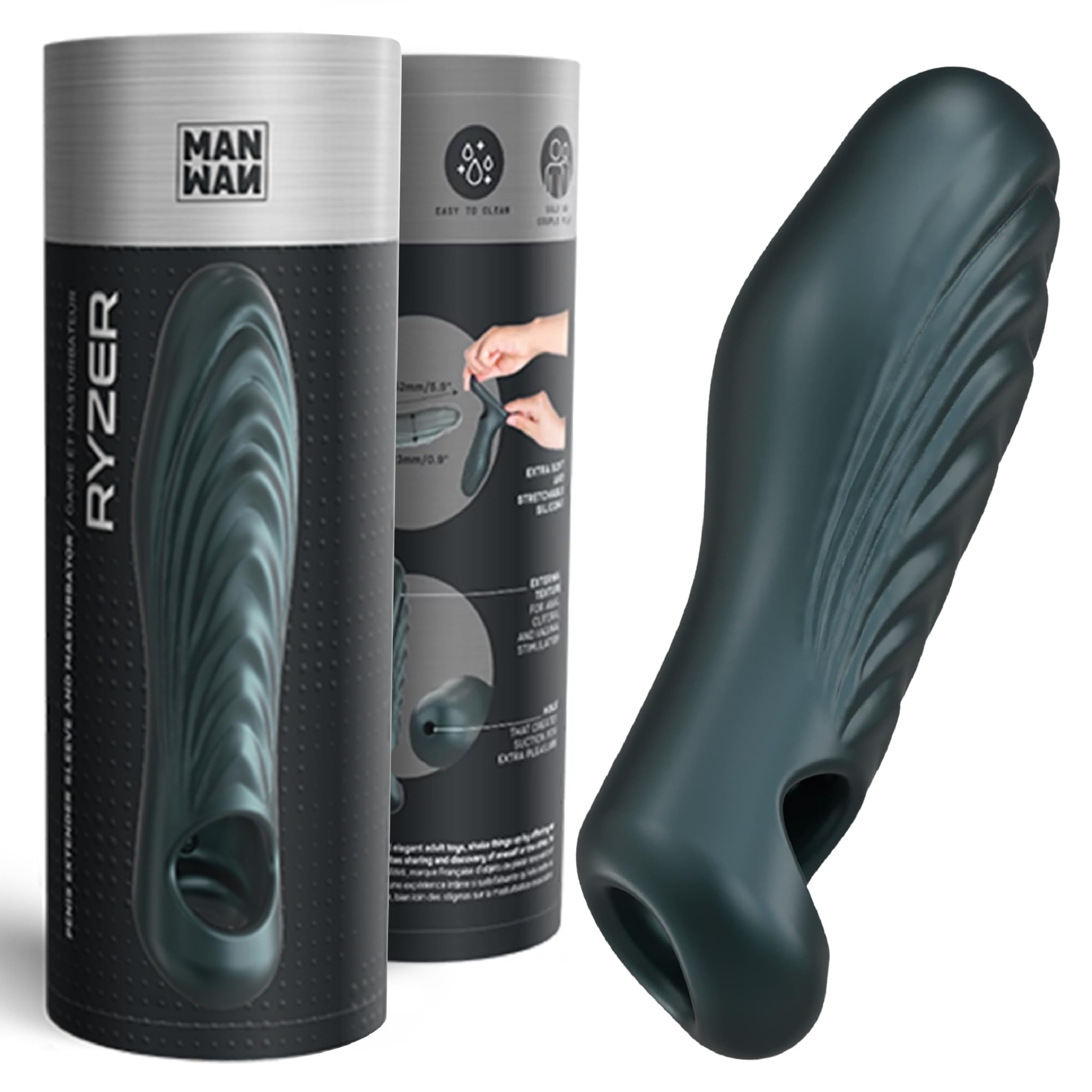 Man WAN Ryzer – Masturbatore Maschile & Guaina Peniena in Silicone Morbido, Sextoy Maschile con Interno ed Esterno Testurizzati, Anello Penieno Integrato, Aumento della Circonferenza - Gris Foncé