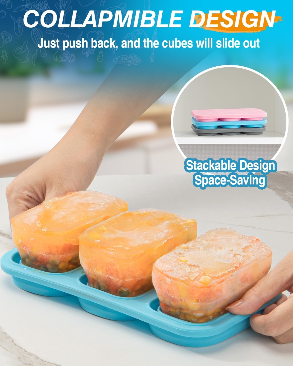 Silicone Freezer Trays With Lid, 2 Pack Collapsible Silicone Freezer Molds