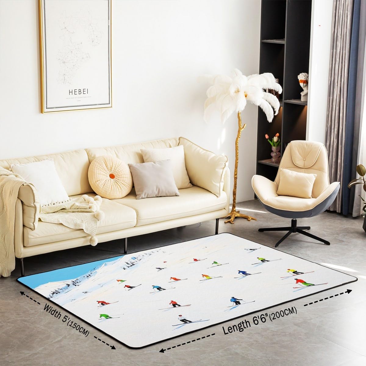 Erosebridal Skiing Artwork Area Rug 6'6" x 4'11" Winter Scenery Rug for Outdoor Sports Lover Abstract Winter Snow Carpet Vintage Ski Snowboard Room Decor Snow Scene Decorative Rug