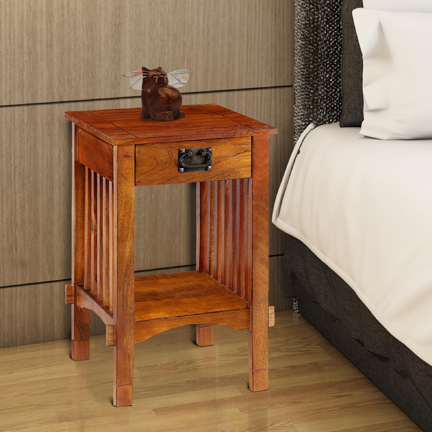 earthy elements spacious mango wood telephone stand with slatted side panels brown