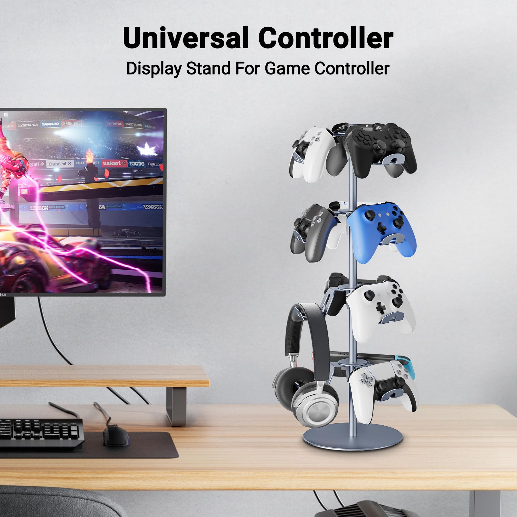 Supporto per controller di gioco in lega di alluminio a 4 strati, supporto per cuffie girevole a 360 gradi, supporto per controller di gioco per Xbox PS5 PS4, supporto per cuffie per