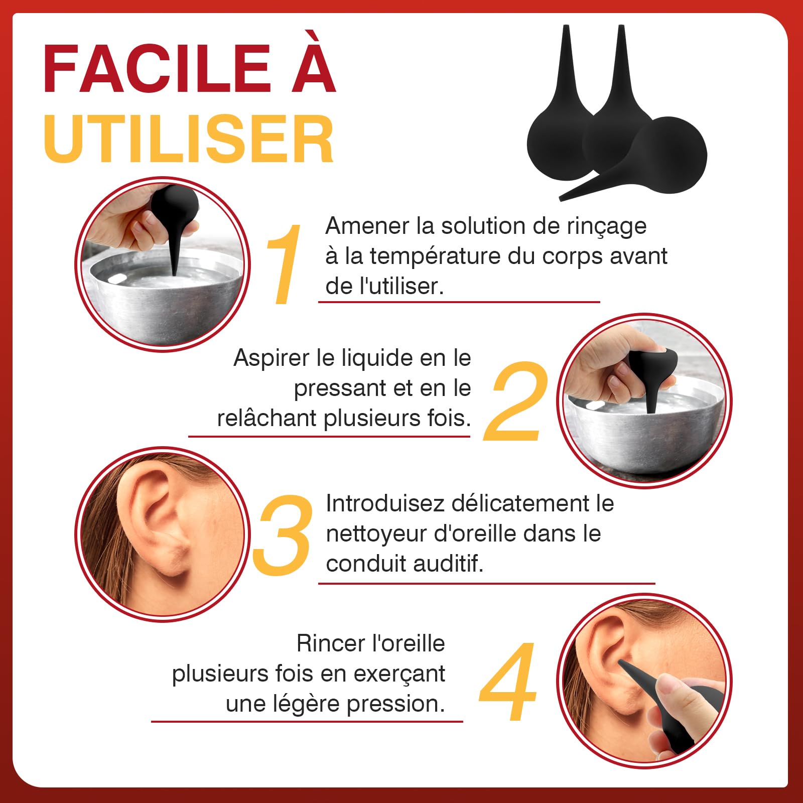 3 PCS Poire Lavement Oreilles, Poire Oreille Bouchon Adulte Enfant avec Sac Tissé Poire Effilée pour Nettoyer les Oreilles Seringue oreille Utiliser pour Nettoyage des Oreilles (Noir)