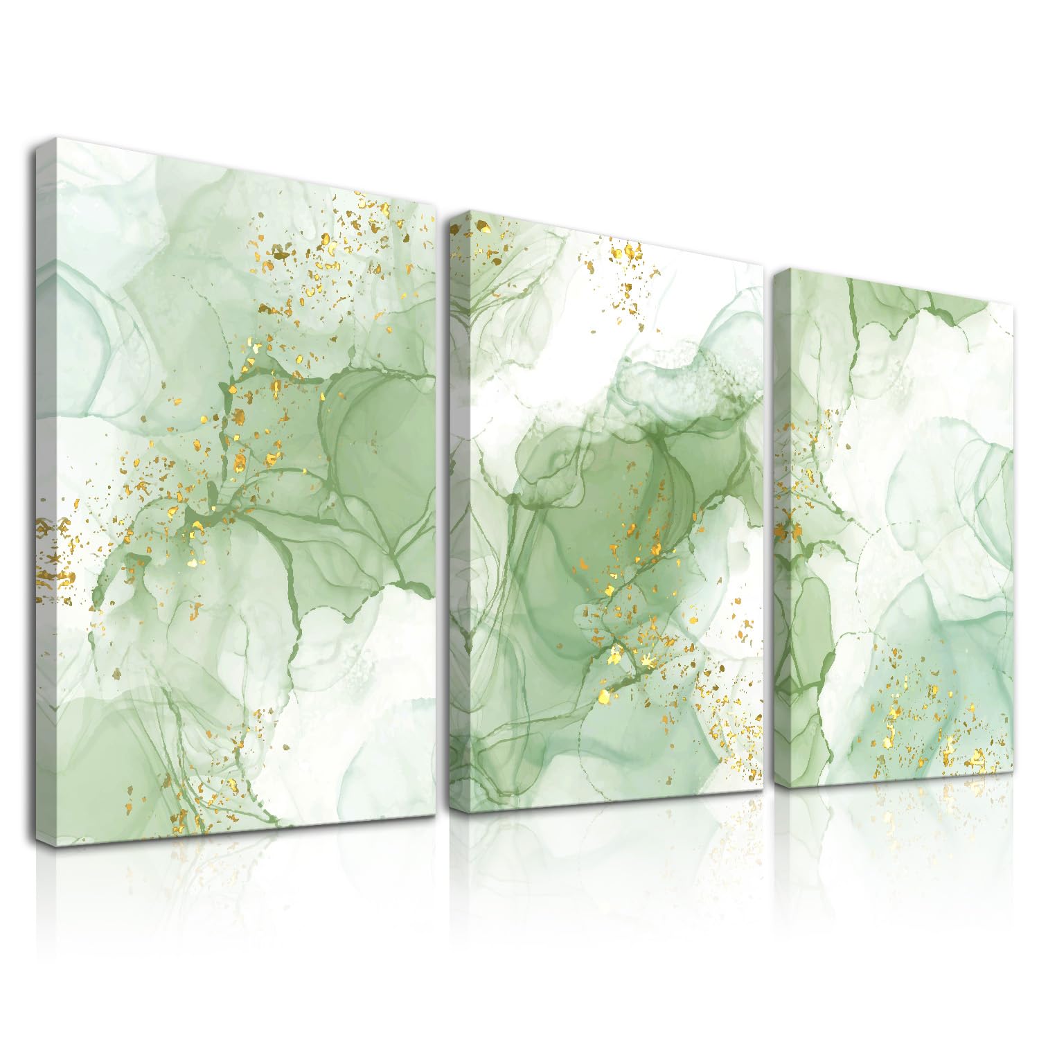 Dazzlewall Framed 3pcs Abstract Green Wall Art, Gilded Sage Green Ink Splash Artwork Print Home Wall Decor for Living Room Bedroom Bathroom, 12x16 in