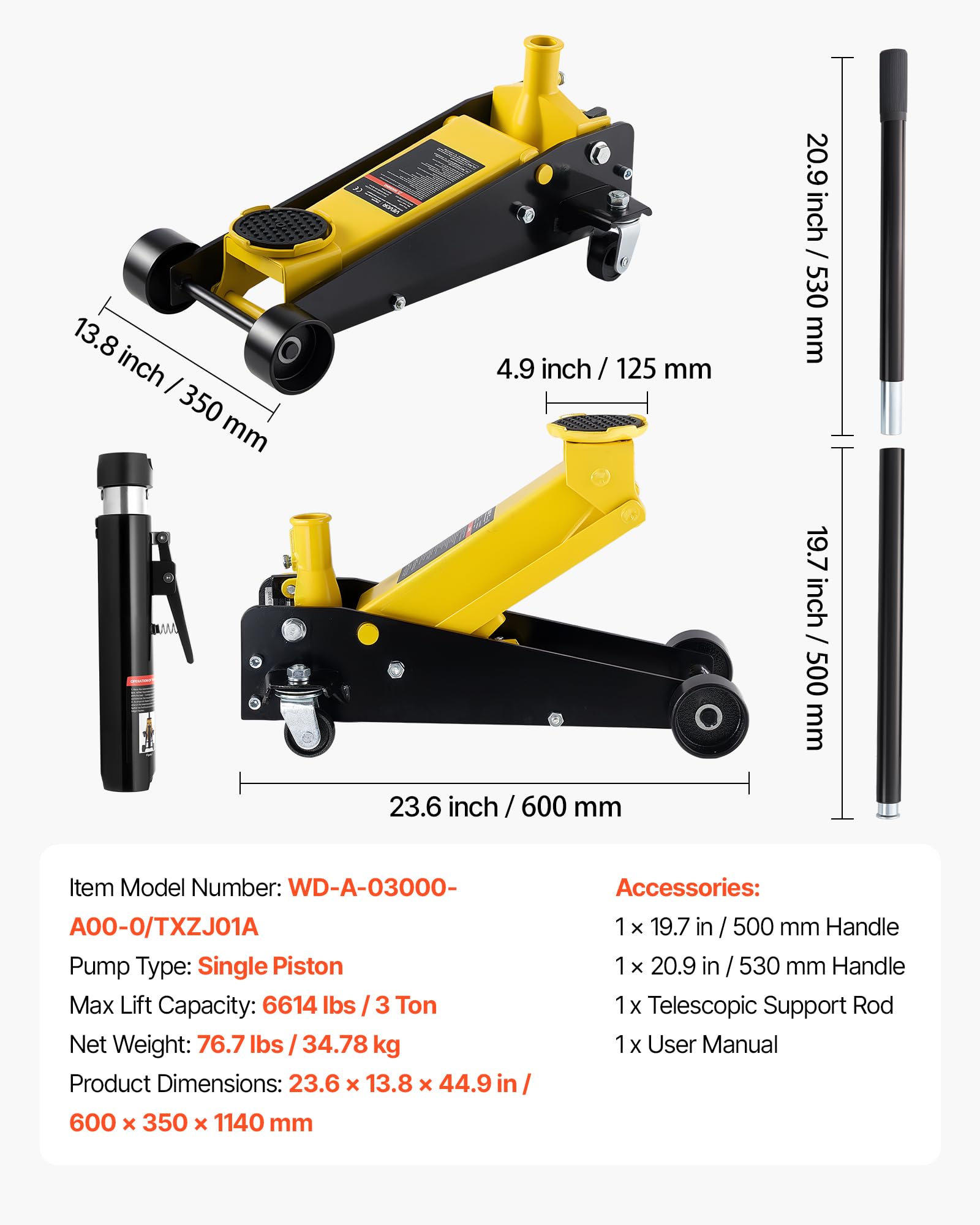 VEVOR Cric Idraulico a Carrello 3 Tonnellate a Basso Profilo, Cric Idraulico da Pavimento da Corsa in Acciaio a Pistone Singolo, Altezza di Sollevamento 130-500 mm, Multiuso per Auto Sportivo e SUV