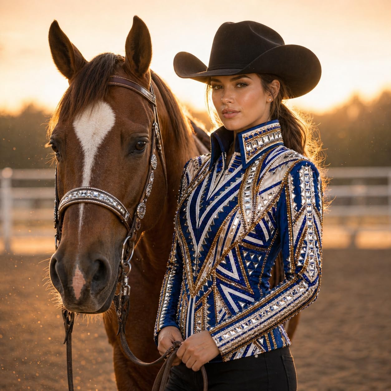 Western Women’s Showmanship Jacket – Royal Blue & White Crystal Embellished Show Jacket with Gold Detailing