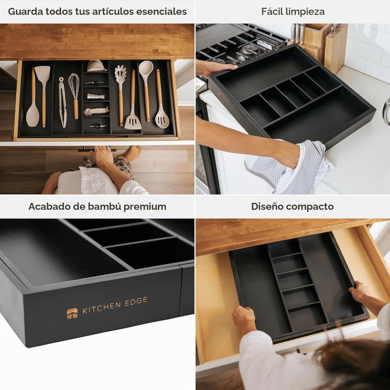 KitchenEdge Organizador de cajones de cocina ajustable para utensilios y basura, expandible de 19 a 33 pulgadas de ancho, 9 compartimentos, acabado negro de grado contrato seguro para alimentos