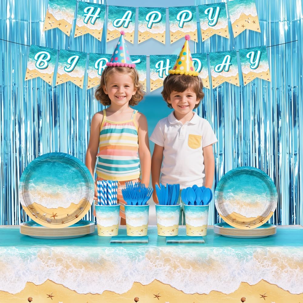 196Pcs Beach Birthday Party Decorations, Ocean Waves Happy Birthday Party Supplies Tableware Set Summer Pool Party Plates, Cups, Napkins, Banner, Tablecloth for Hawaiian Bday Party