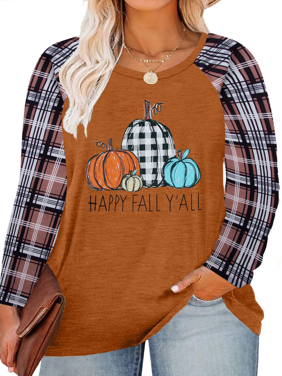 VILOVEPlus Size Pumpkin Shirt for Women Its Fall Yall Print Leopard Pumpkin T Shirt Halloween Thanksgiving Gift Tee Tops