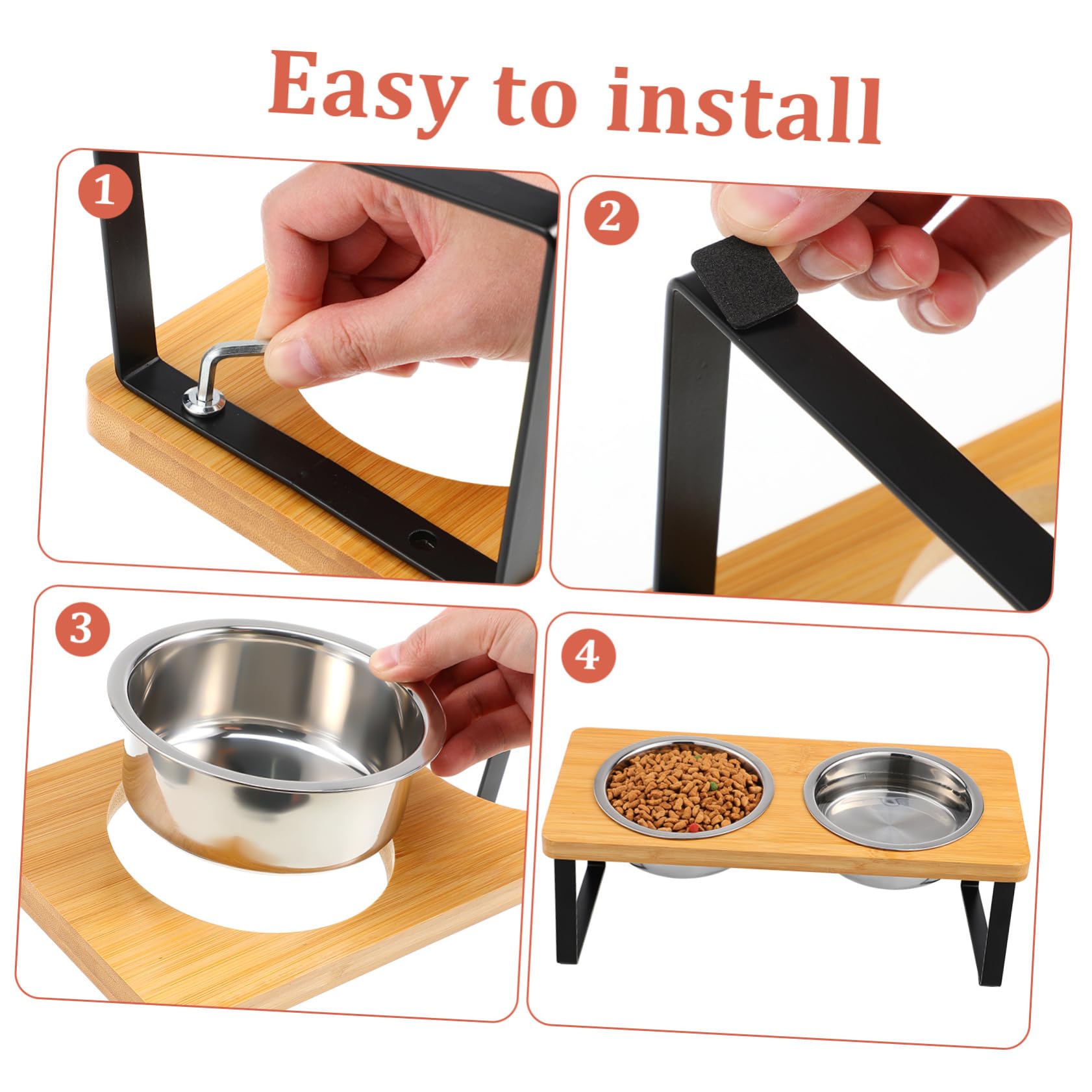 Ciotola Rialzata per Gatto con Doppia Vasca in Acciaio Inox | Supporto in Legno, Base Antiscivolo, Design Ergonomico, Uso Indoor per Piccoli Cani e Felini