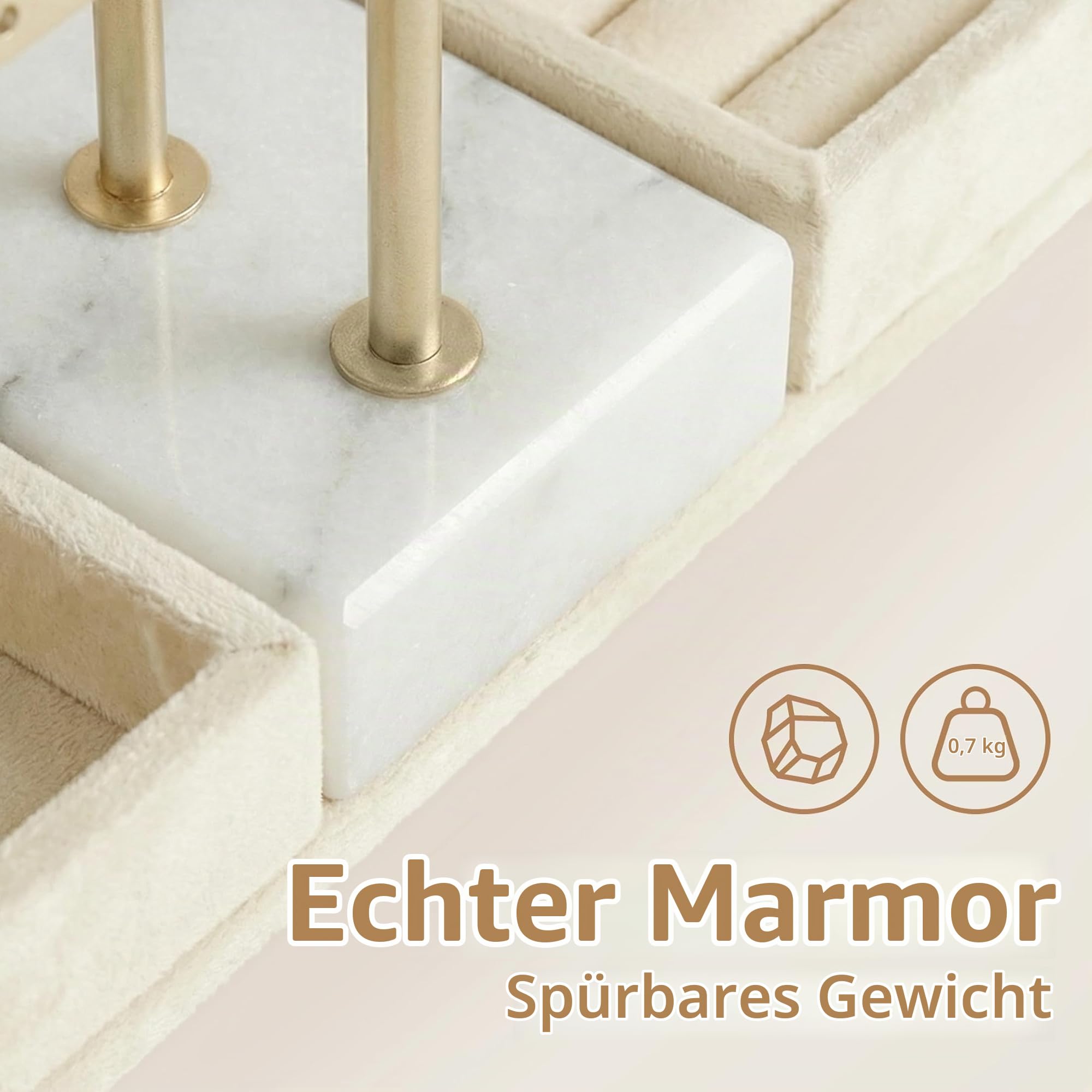 KES Schmuckständer Marmor mit schwerem Marmorsockel, 3-stufiger Schmuckhalter Organizer für Armbänder, Halsketten, Ohrringe, Ringe und Uhren, T-Bar Schmuckaufbewahrung Display, Beige, JTR500-WH