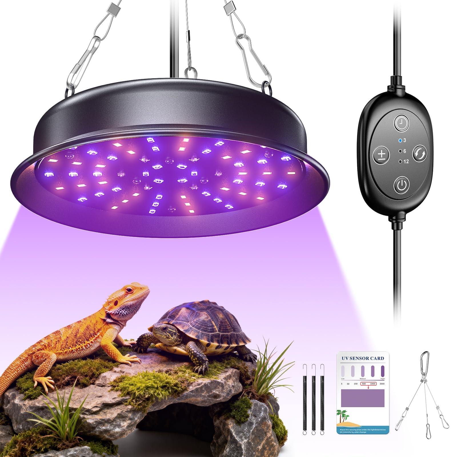 Lampe UVB pour Reptiles, Lampe pour Reptiles avec Minuterie à Cycle 3-6-12 et 3 Niveaux de Luminosité, Lampe UVA/UVB à Spectre Complet pour Tortues, Dragons Barbus et Serpents