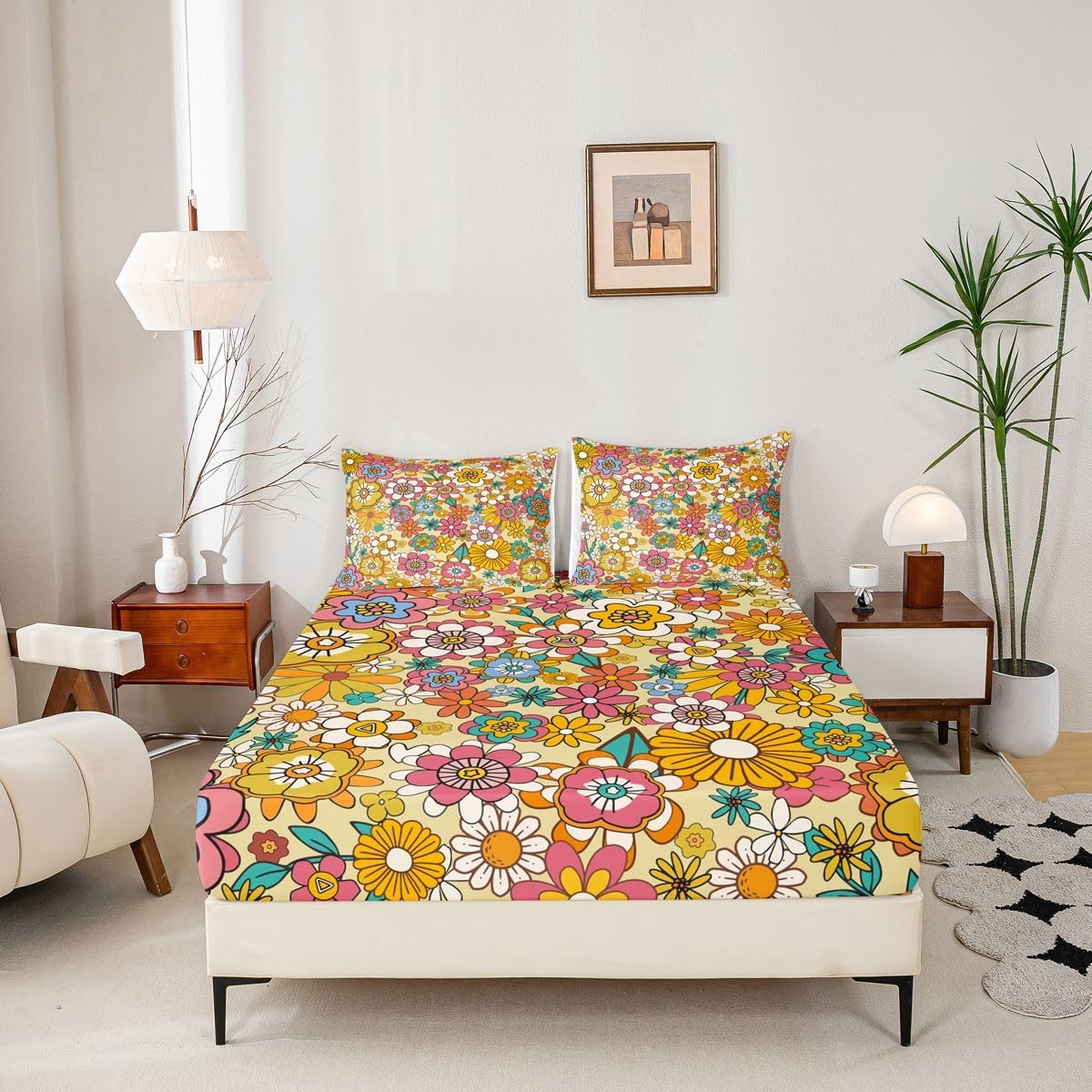 Erosebridal 60S 70S Hippie Flower Bedding Set, Groovy Floral Bed Sheets Queen, Boho Vintage Flowers Fitted Sheet 90S Groovy Aesthetic Sheets for Kids Girls Teens Adult Women, Colorful