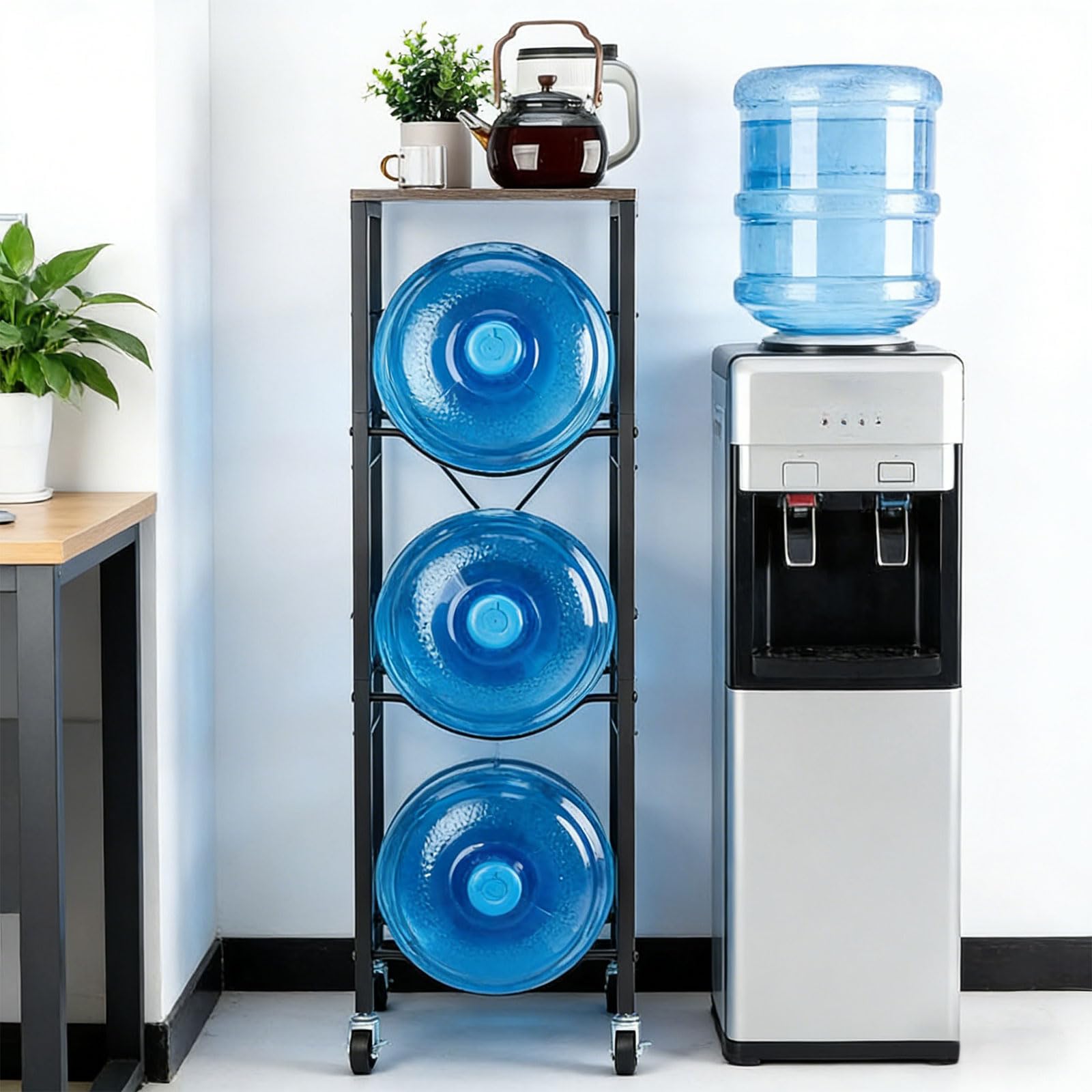 Soporte vertical para cubo de agua de tres capas con rodillos para el hogar y uso, estante de acero al carbono resistente