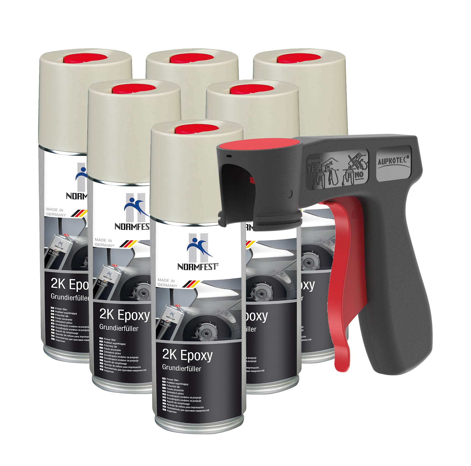 AUPROTEC Pistolengriff + Normfest 2K Grundierfüller Epoxy Lack Füller Grundierung Spray matt beige 6X 400ml