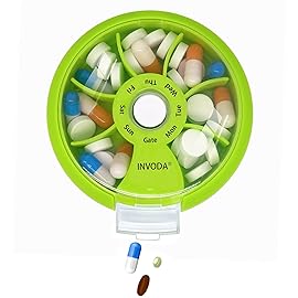 INVODA Weekly Pill Organizer 7 Compartment Rotating Pill Box for Daily Medication & Vitamins - Portable Travel Pill Case Fish Oil Supplements Vitamins Organizer (Orange)