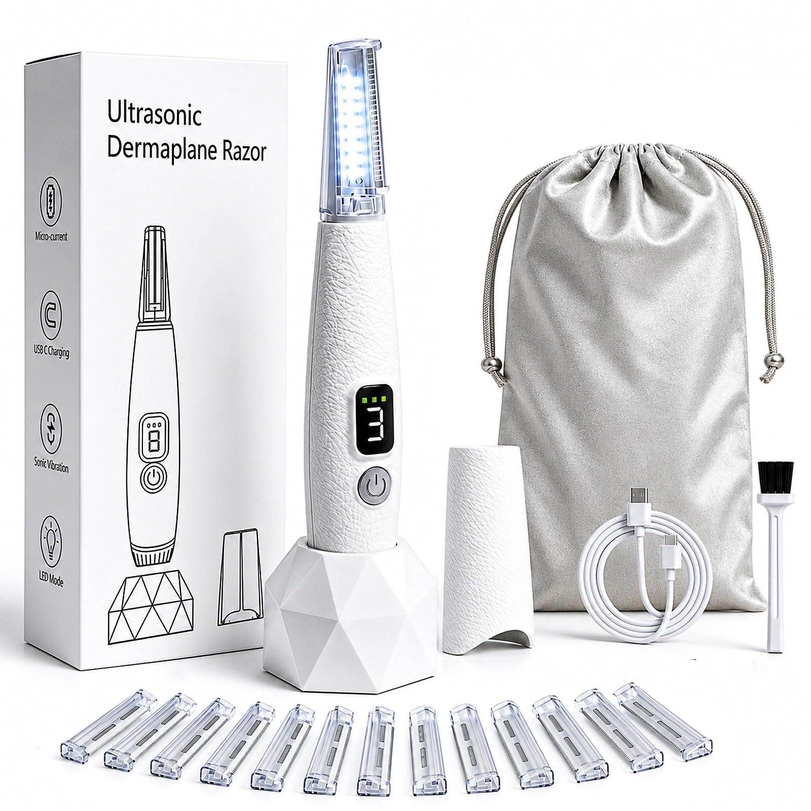 Sonic Dermaplaning - Maquinilla de afeitar para mujer, removedor de vello facial con 12 recambios