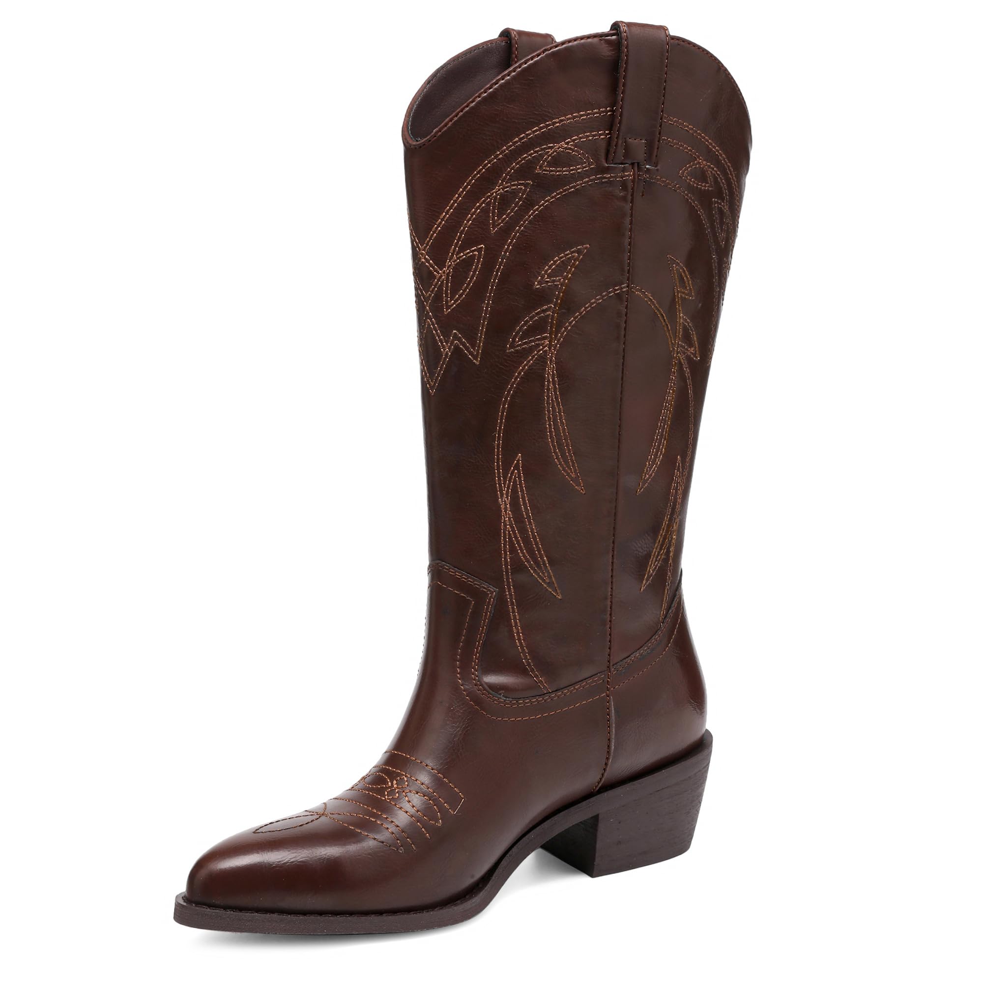 Cowboy Boots for Women with Classic Embroidered Comfortable Pull On Pointed Toe Chunky Block Low Heel Mid Calf