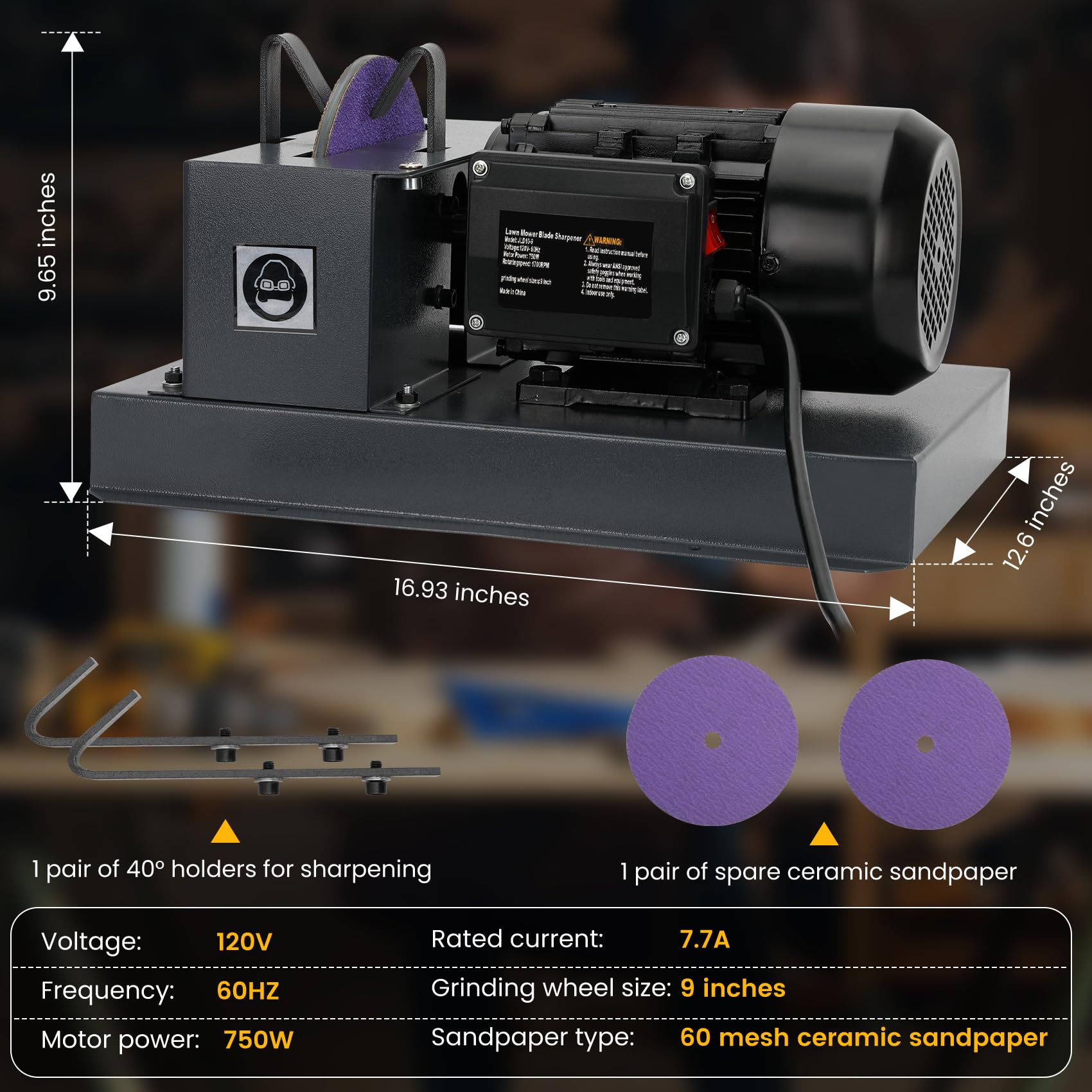 750w Lawn Mower Blade Bench Grinder with 9” Ceramic Grinding Wheel, Electric Lawn Mower Blade Sharpener for Grinding High/Low Lift Blades, Gator Blades, Flat Blades