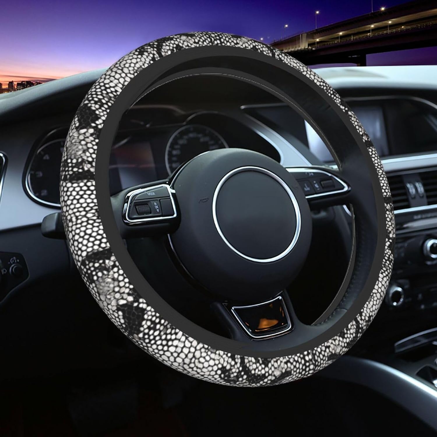 (Black White Snake Skin) Universal 15 Inch Neoprene Steering Wheel Cover Non-Slip Breathable Car Steering Wheel Protector with Stylish Print