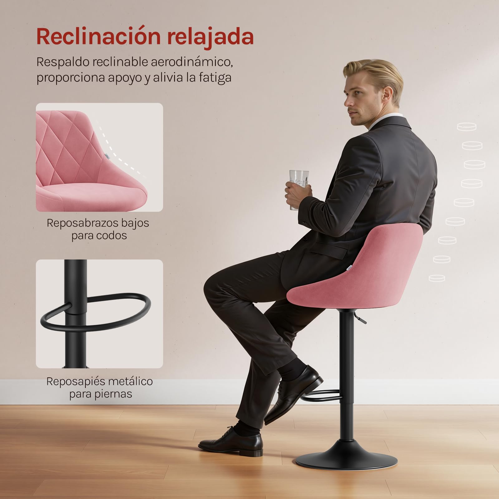 WOLTU 4X Taburetes de Bar Terciopelo Regulable en Altura, Rosa