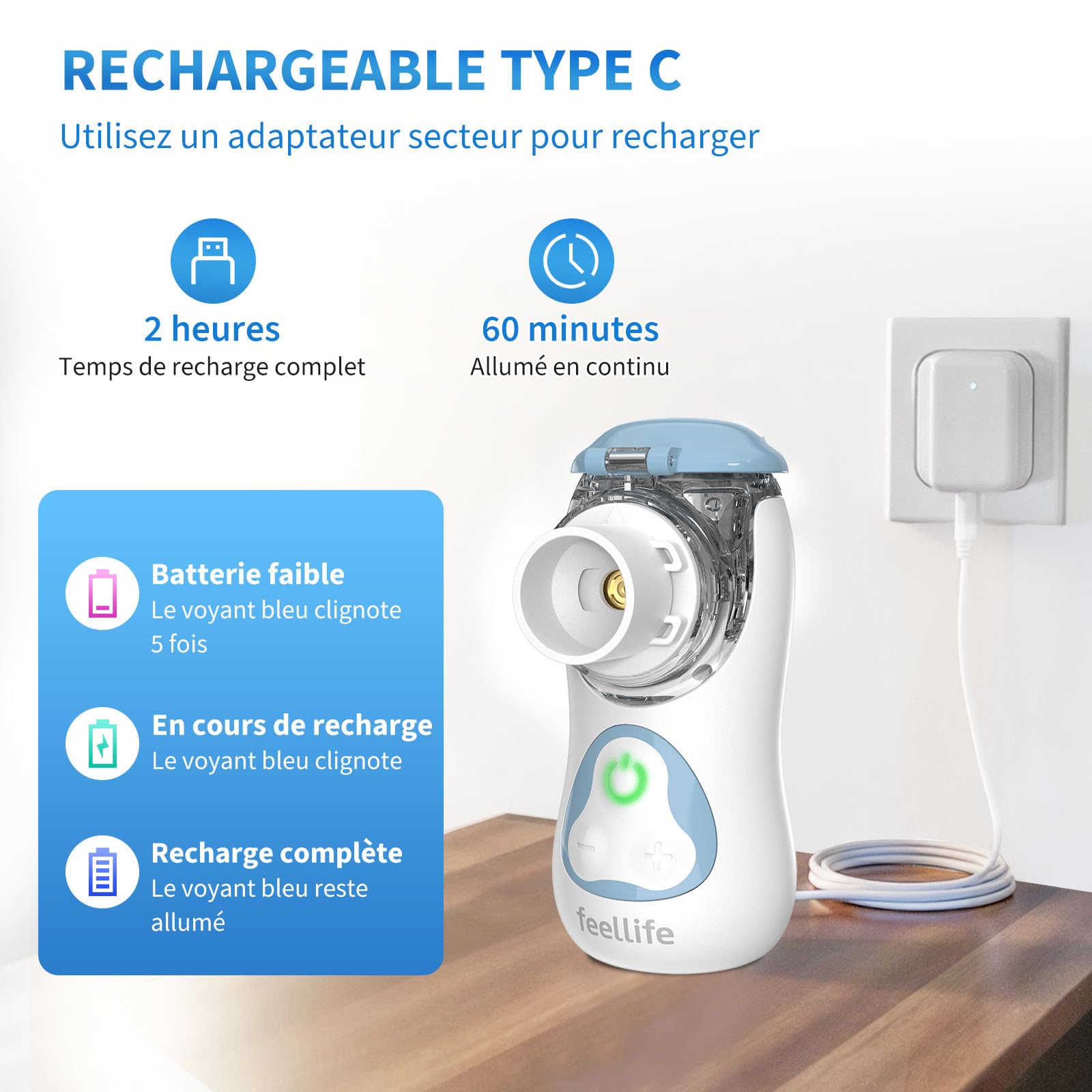 FEELLIFE Nebulisateur pour Enfant et Adultes, Rechargeable Nébuliseur Silencieux Taux d'Atomisation Réglable, Inhalateur Portable pour Traitement de la toux, de l'Maladies Respiratoires