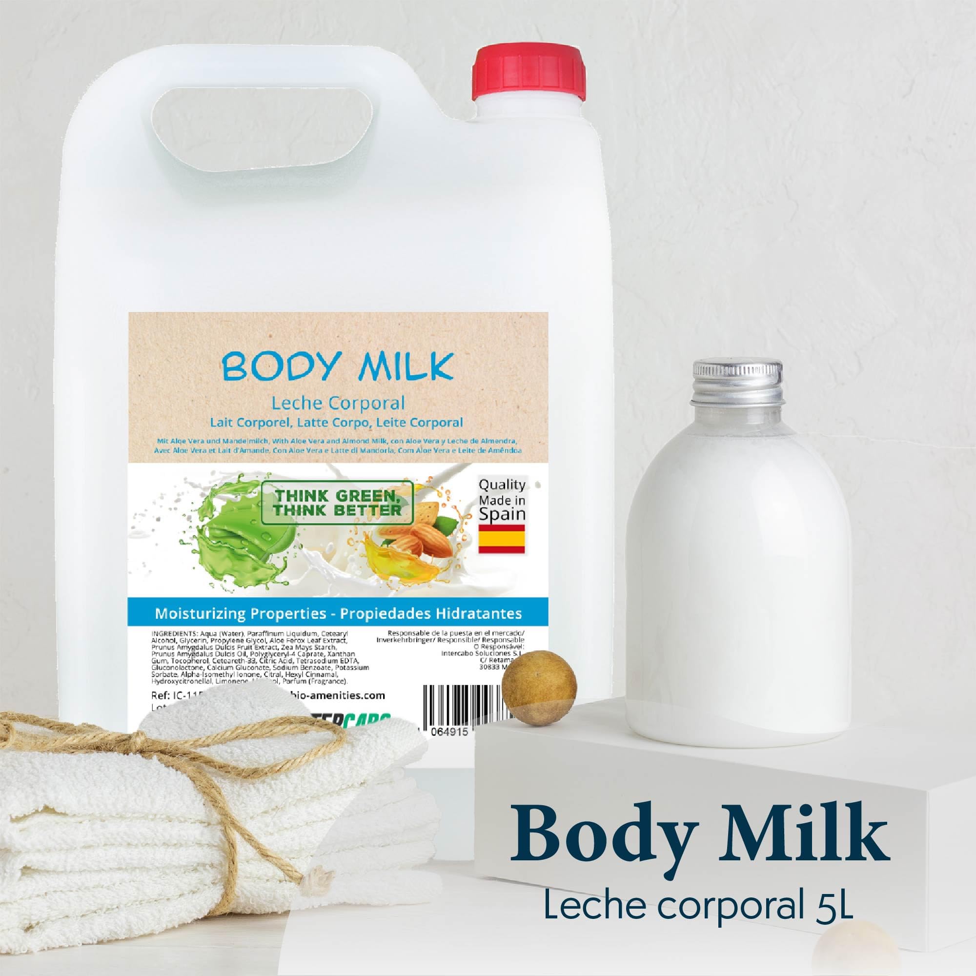 Lot de 4 flacons de 5 L, gel douche fleur d’amande, shampooing aloe vera, savon mains Eco Natura, lait corporel hydratant, hygiène complète quotidienne