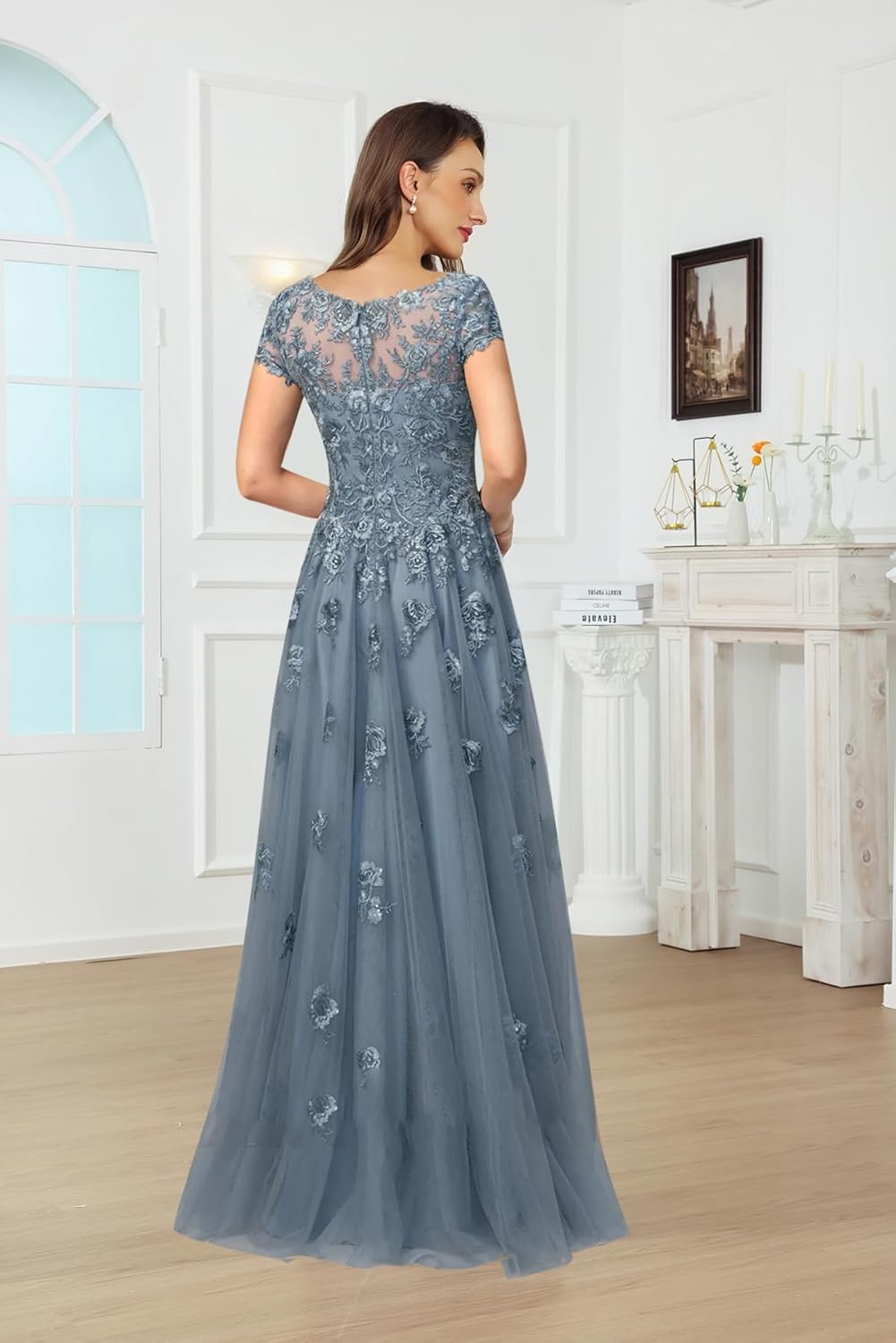 GUKARLEED Women’s Cap Sleeve Tulle Mother of The Bride Dresses Lace Appliques Formal Dress V Neck Floral Wedding Guest Dress - Image 5