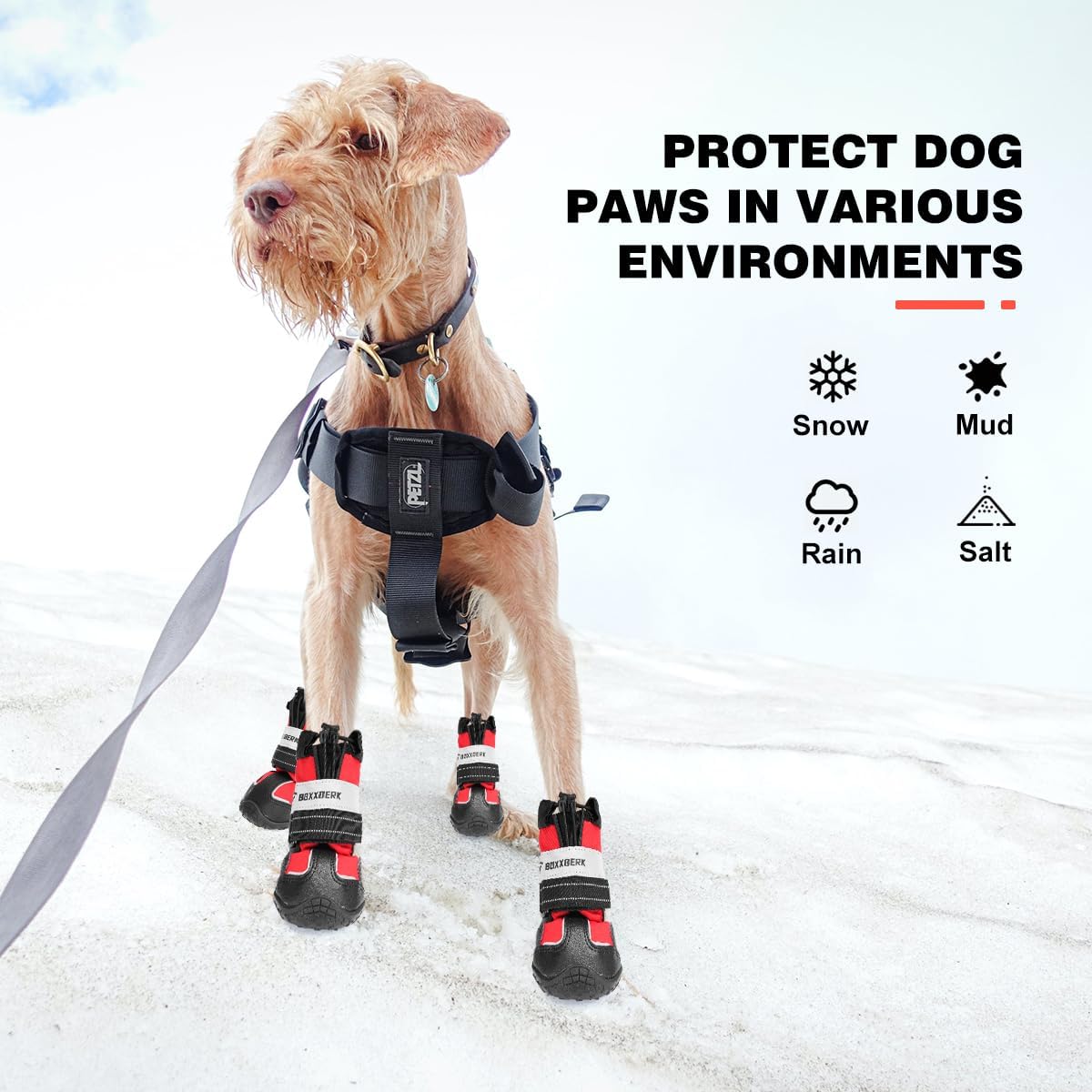Waterproof Dog Boots - Anti-Slip Dog Booties for Winter with Adjustable Buckle, Paw Protector with Reflective Strap for Outdoor Hiking (Red, 2.95")