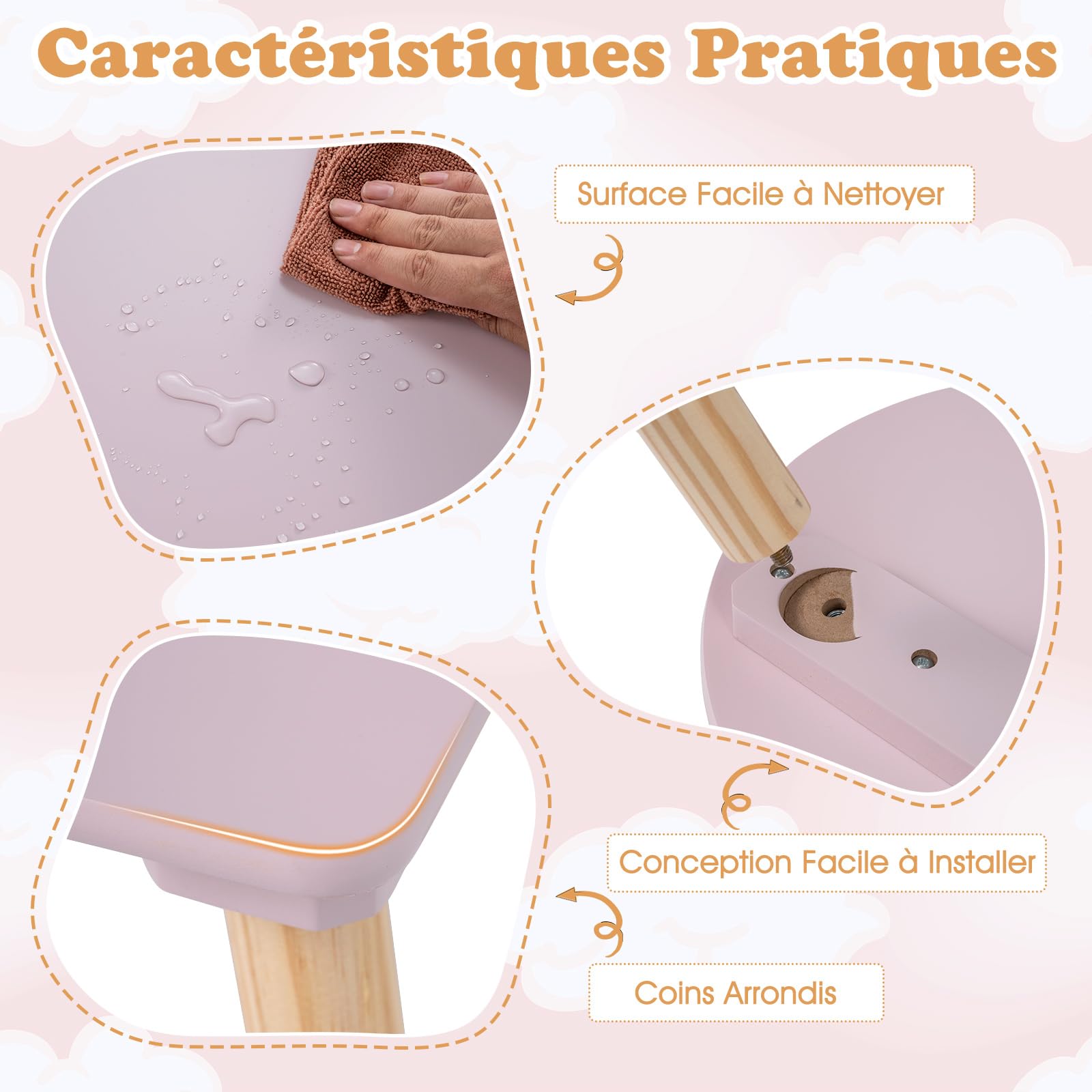 COSTWAY Table Enfant avec Chaise en Forme Fleur, Table et 2 Chaises Enfant avec Pieds en Bois de Pin, Petit Bureau pour Jouer Manger Dessiner, Charge 18/23kg pour Fille et Garçon de 3 Ans+ (Rose)