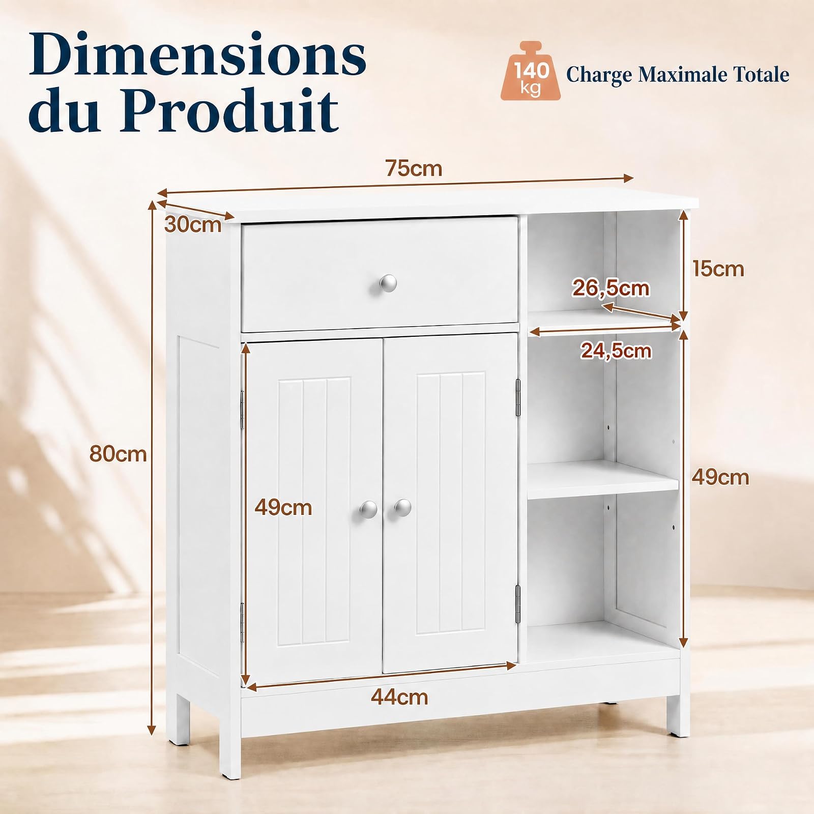 LIFEZEAL Meuble Salle de Bain Rangement avec Etagère Réglable, Armoire de Rangement sur Pied avec Tiroir et 3 Compartiments, Meuble de Rangement en Bois, 75 x 30 x 80 cm (Blanc)