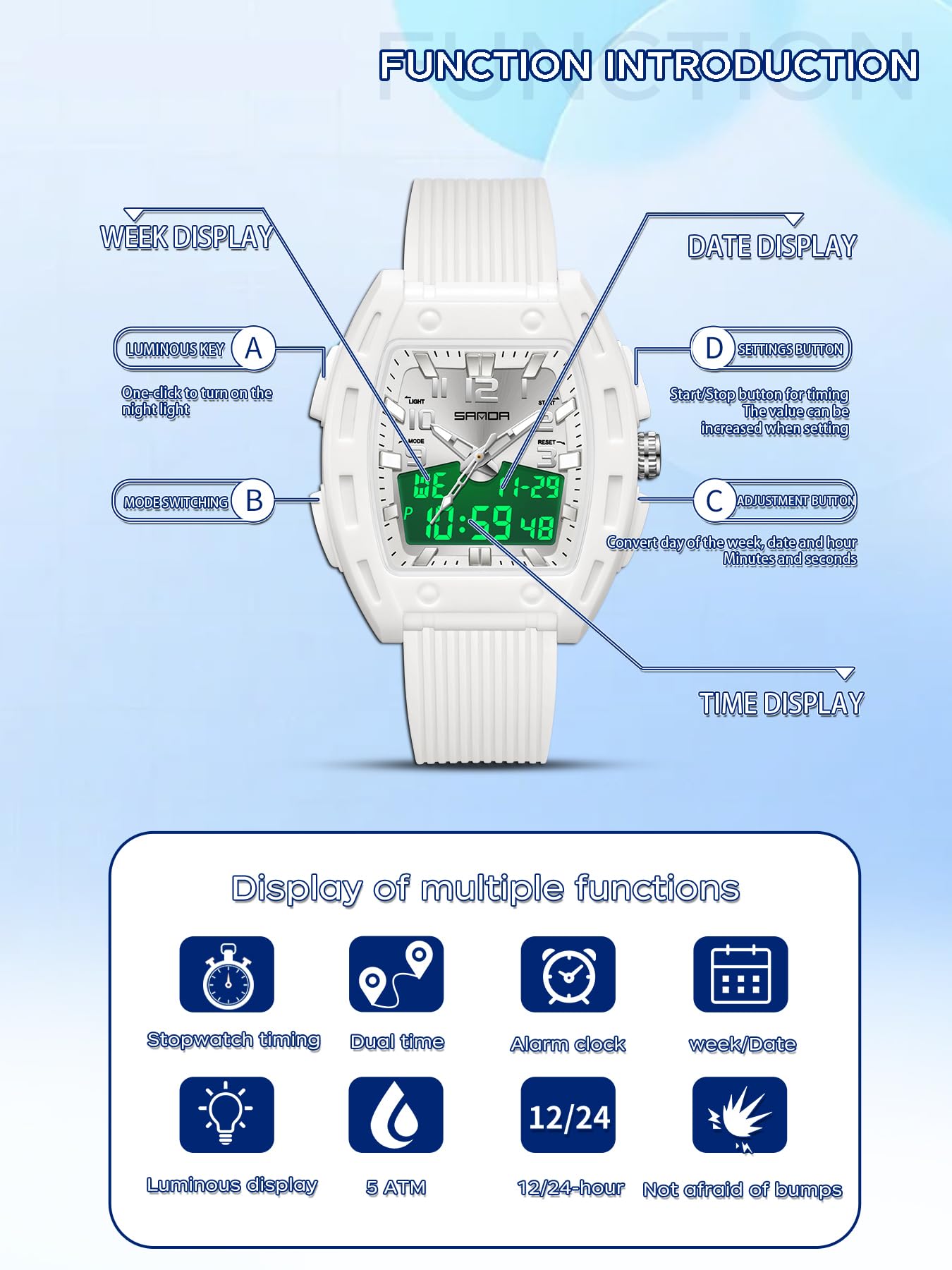 Relojes de mujer para mujer Relojes rectangulares únicos para mujer Relojes deportivos analógicos digitales con alarma cronómetro resistente al agua Señal horaria 12/24H Iluminación Reloj de