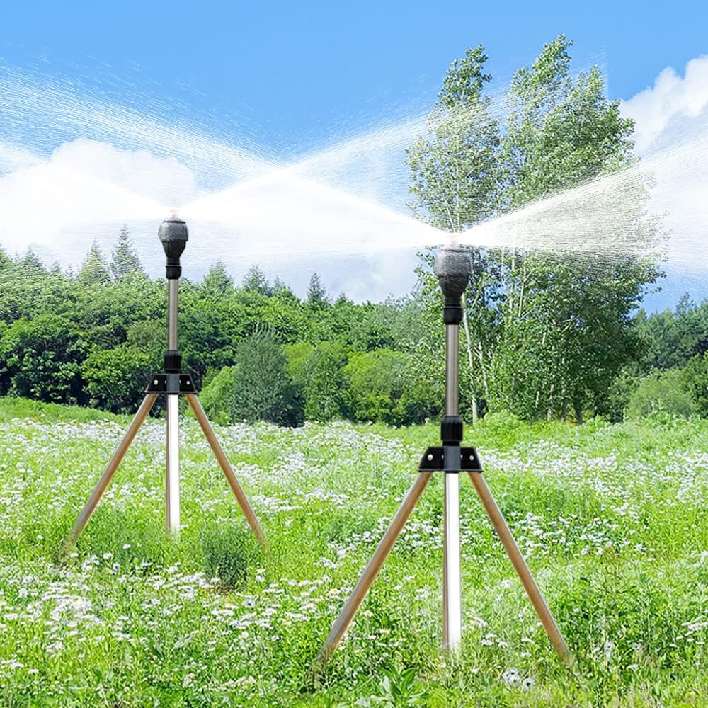 Irrigatore rotante a treppiede, irrigazione rotante automatica, irrigatore d'acqua per prato, irrigazione a 360 gradi, irrigatore telescopico per giardino e cortile (2 pezzi)