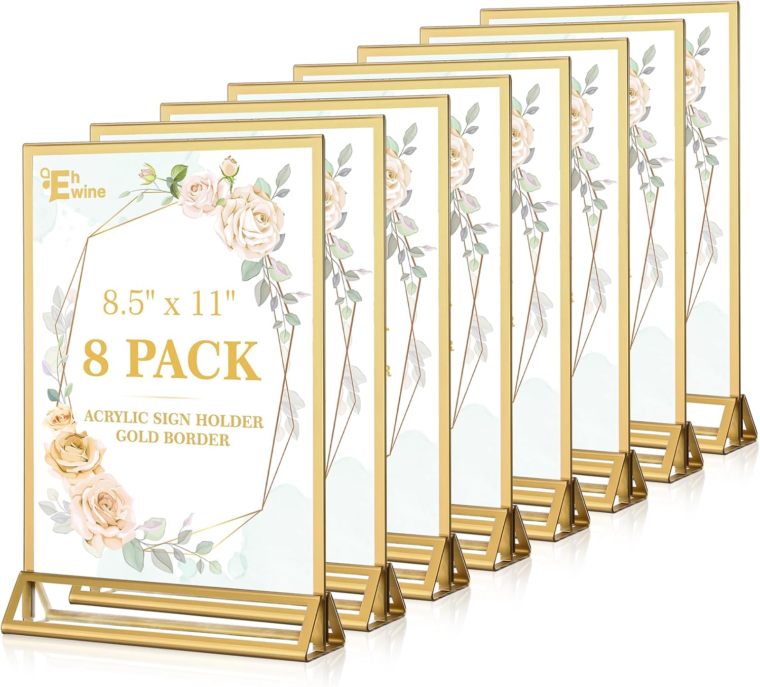 EHWINE 8 Pack Acrylic Sign Holder 8.5 x 11, Double Sided Gold Picture Frame Stand up Table Top Sign Holders, Clear Display Stand Menu Flyer Holder for Wedding Party (Provide Non-slip Mats) 8 Pack 8.5x11 Inch