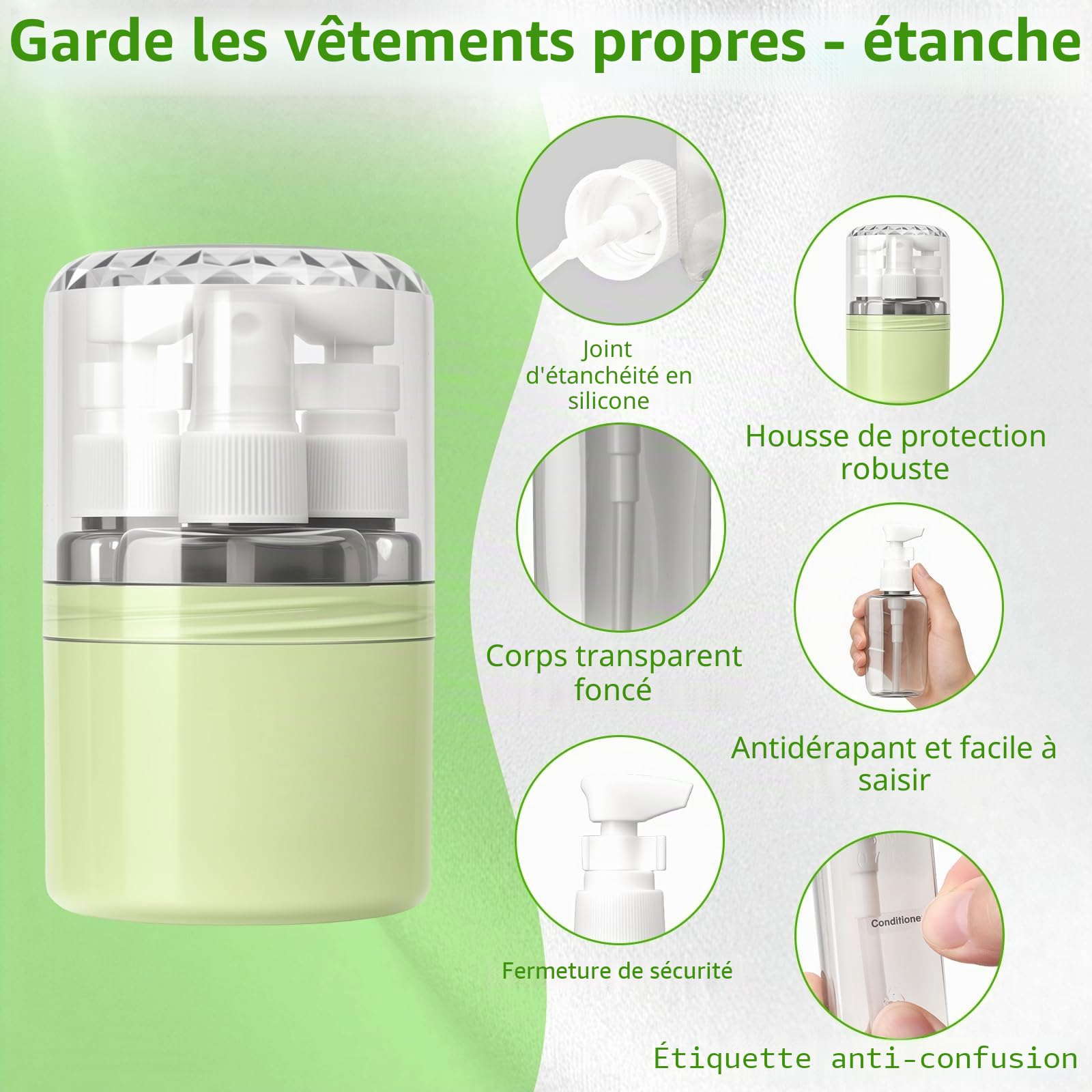 Flacon Voyage 4 en 1 Rechargeable Vert 50ml, Kit Avion Étanche Anti-Fuite avec Étiquettes, Contenant Polyvalent pour Voyage et Bureau (Vert)