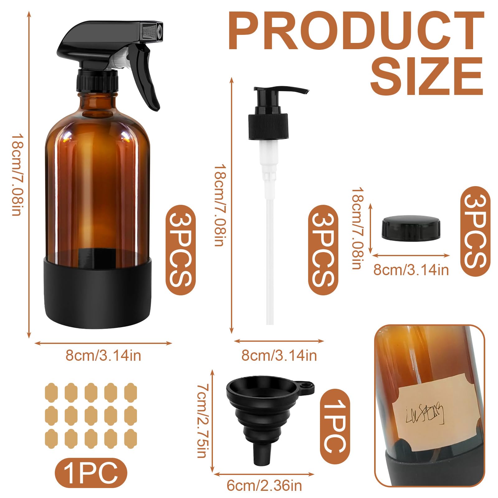 prota 3 botellas de spray de vidrio ámbar, botellas vacías de vidrio de 500 ml, recipiente recargable con boquilla ajustable, botella de pulverización de agua para limpiar plantas, aceites esenciales