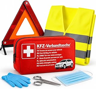 3 in 1- Set KFZ Pannenset geprüft 2026 & Autozubehör - Auto Erste Hilfe Set mit Verbandskasten & Warnweste & Warndreieck für StVO