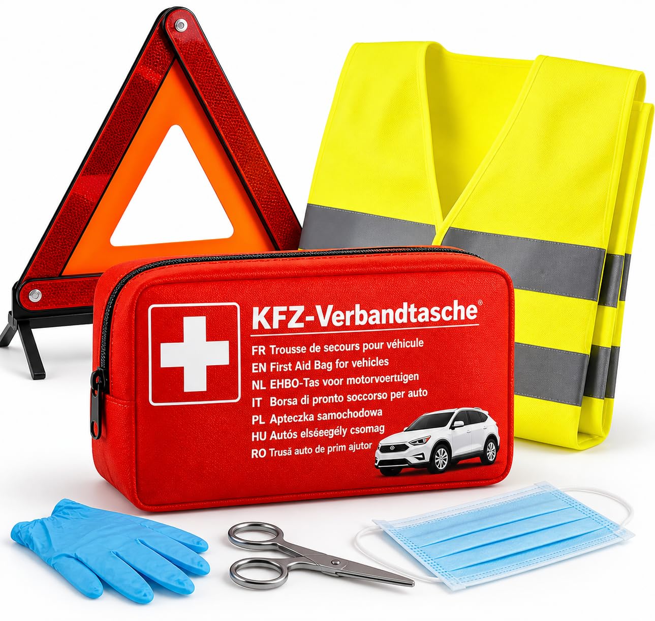 Kit de reparación de averías 3 en 1 para coche con accesorios: botiquín de primeros auxilios, chaleco de seguridad y triángulo de advertencia StVO