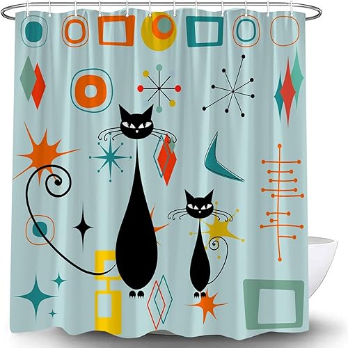 Miniatura 6 de Cortina de ducha moderna con diseño de gato atómico, de mediados de siglo, diseño geométrico abstracto, verde azulado, naranja, amarillo, negro,